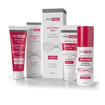 PROPAIRA Acne-Prone Skin Foaming Cleansing Gel 100ml, Purifying Cream 30ml, Acne Exfoliating Serum 30ml & Sulfur Plus Fluid 30ml, Acne Microbiome Correcting Concentrate 30ml Combo