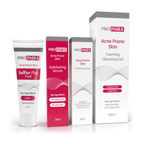PROPAIRA Acne-Prone Skin Foaming Cleansing Gel 100ml, Purifying Cream 30ml, Acne Exfoliating Serum 30ml & Sulfur Plus Fluid 30ml Combo
